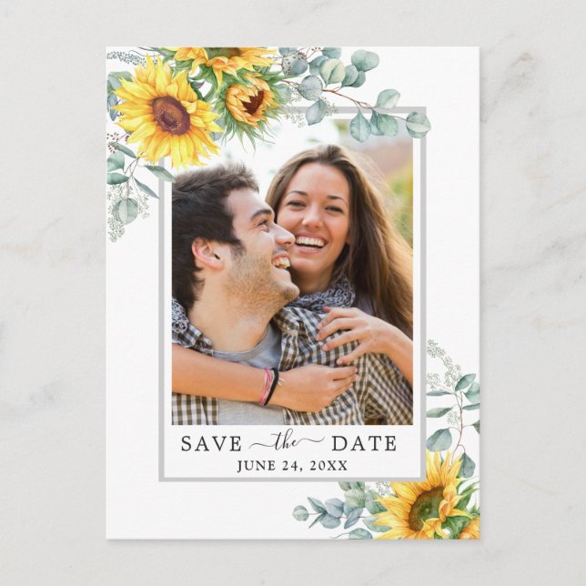 Sunflowers Eucalyptus PHOTO Wedding Save the Date Postcard (Front)