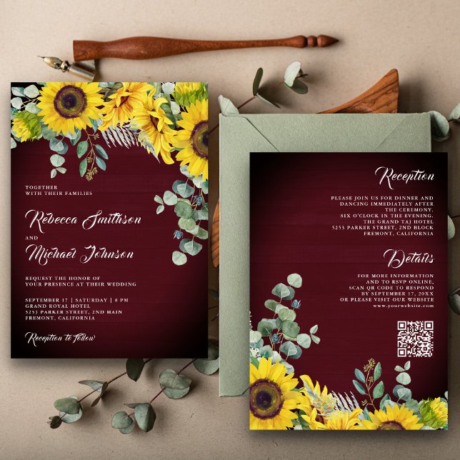 Sunflowers Eucalyptus QR Code Burgundy Wedding Invitation (Creator Uploaded)
