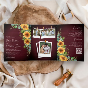 Sunflowers Eucalyptus QR Code Burgundy Wedding Tri-Fold Invitation