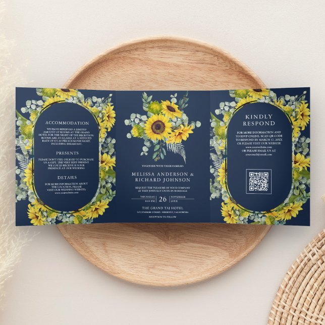 Sunflowers Eucalyptus QR Code Navy Blue Wedding Tri-Fold Invitation (Creator Uploaded)