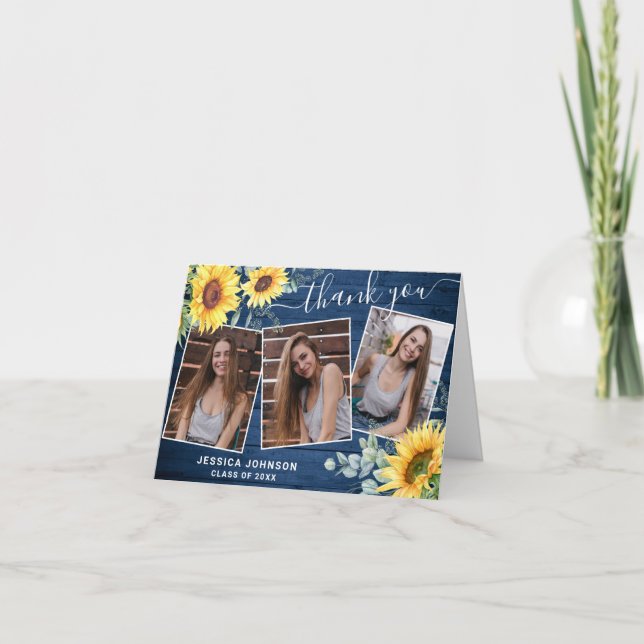 Sunflowers Eucalyptus Rustic 3 PHOTO Graduation Thank You Card (Front)