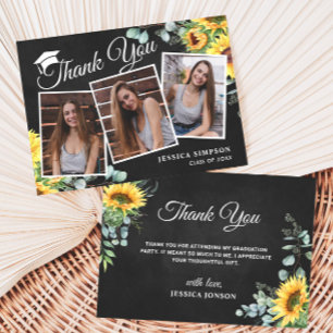 Sunflowers Eucalyptus Rustic 3 PHOTO Graduation Thank You Card
