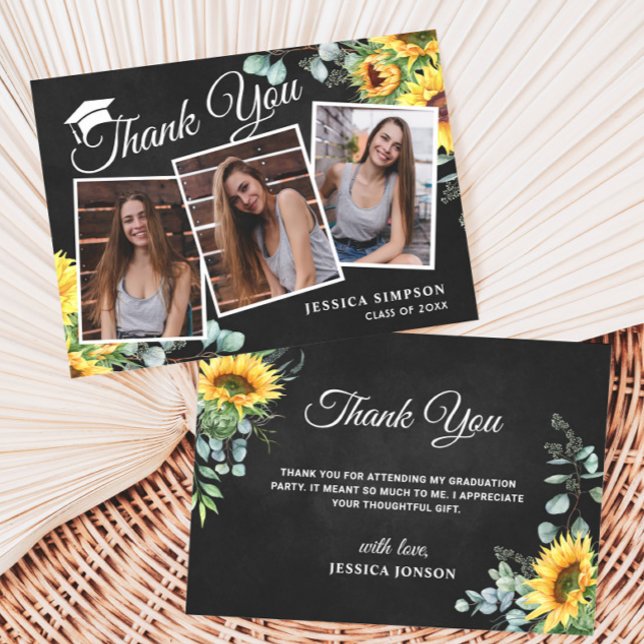 Sunflowers Eucalyptus Rustic 3 PHOTO Graduation  Thank You Card (Creator Uploaded)