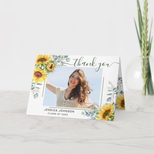 Sunflowers Eucalyptus Rustic PHOTO Graduation Thank You Card (Front)