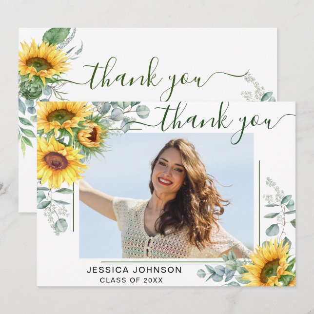 Sunflowers Eucalyptus Rustic PHOTO Graduation  Thank You Card (Front/Back)