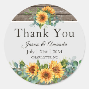 Sunflowers Eucalyptus Rustic Wedding Thank You Classic Round Sticker
