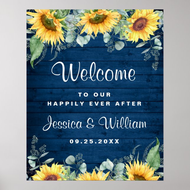 Sunflowers Eucalyptus Rustic Wedding Welcome Sign (Front)