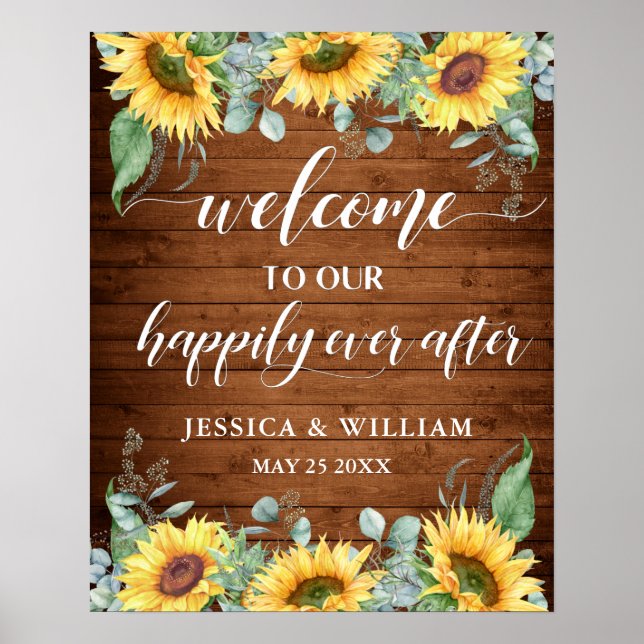 Sunflowers Eucalyptus Rustic Wedding Welcome Sign (Front)