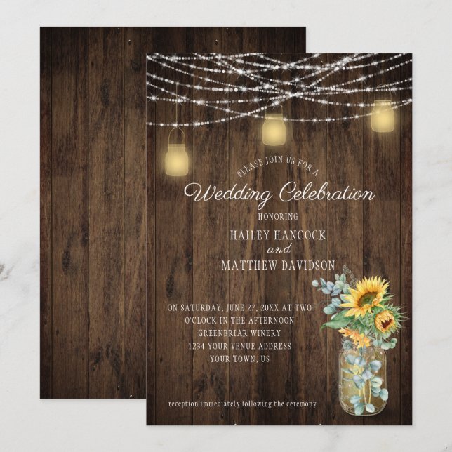 Sunflowers Eucalyptus String Lights Mason Jars Invitation (Front/Back)