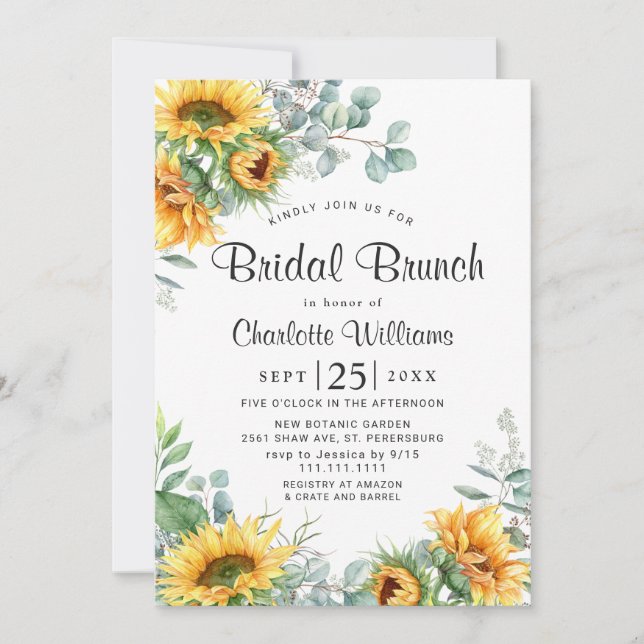 Sunflowers Eucalyptus Watercolor Bridal Brunch Invitation (Front)