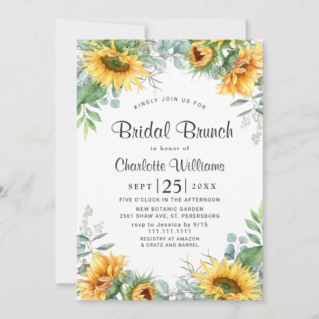 Sunflowers Eucalyptus Watercolor Bridal Brunch Invitation (Front)