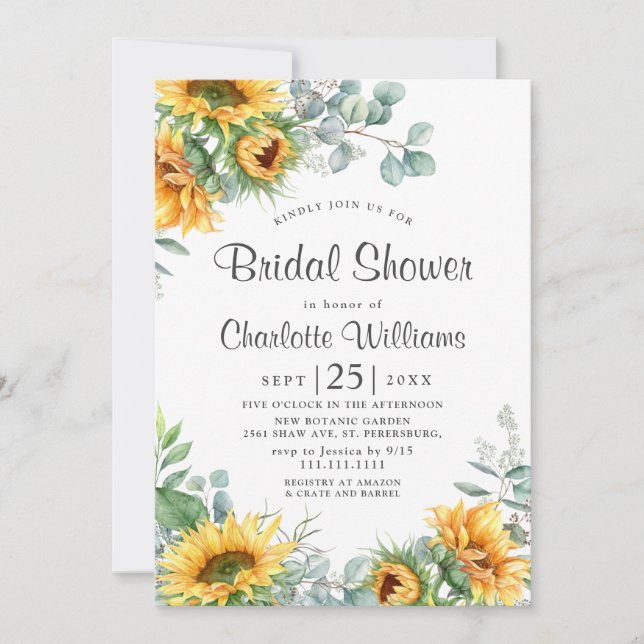 Sunflowers Eucalyptus Watercolor Bridal Shower Invitation (Front)