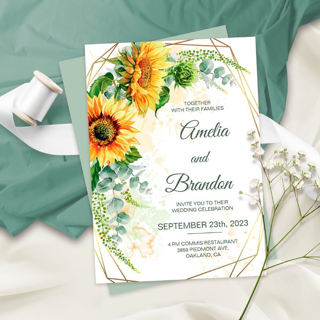Sunflowers, eucalyptus watercolor rustic wedding invitation (Creator Uploaded)