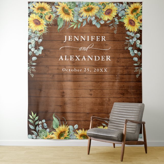 Sunflowers Eucalyptus Wedding Photo Booth Backdrop Tapestry (In Situ)