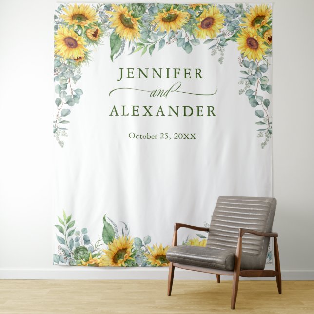 Sunflowers Eucalyptus Wedding Photo Booth Backdrop Tapestry (In Situ)