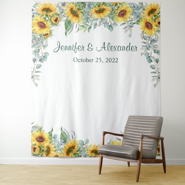Sunflowers Eucalyptus Wedding Photo Booth Backdrop Tapestry (In Situ)