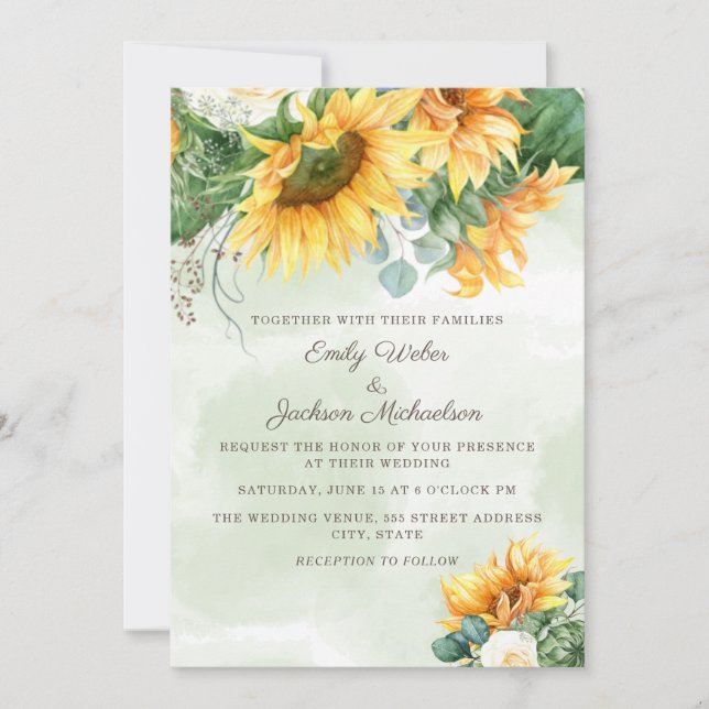 Sunflowers Eucalyptus White Roses Wedding Invitation (Front)