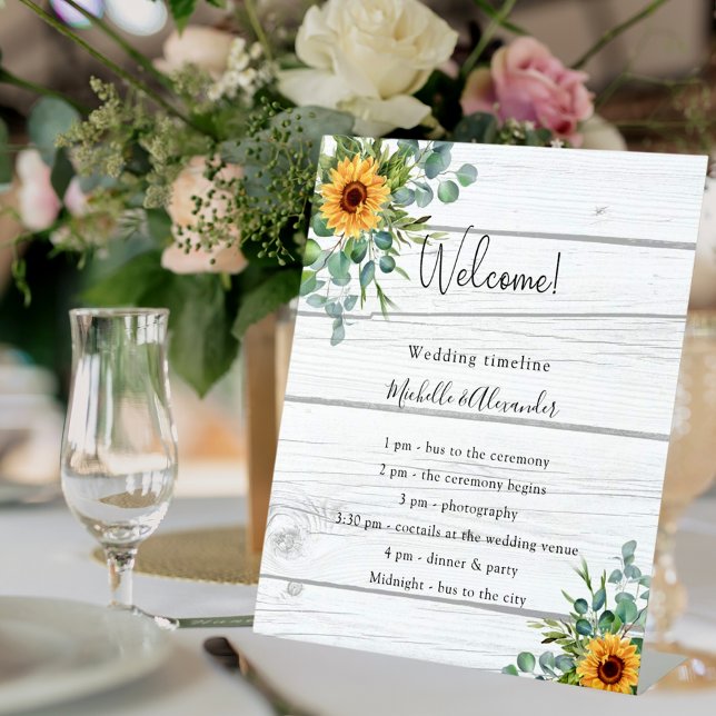 Sunflowers eucalyptus wood wedding program details pedestal sign (Creator Uploaded)