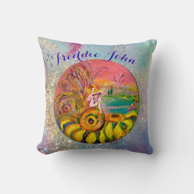 SUNFLOWERS FAIRY PINK BLUE FLORAL Boy Baby Status Throw Pillow (Front)