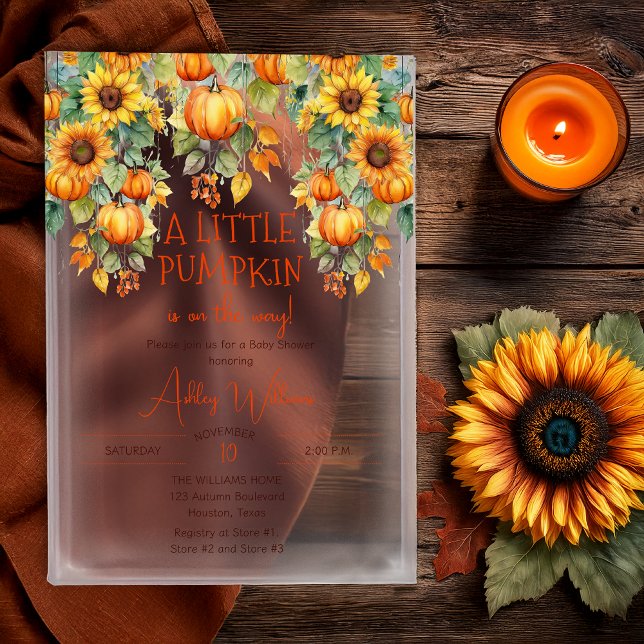 Sunflowers Fall A Little Pumpkin Baby Shower Acrylic Invitations ("A Little Pumpkin Is On The Way!" Fall | Autumn Sunflowers Pumpkins Baby Shower Acrylic Invitation )