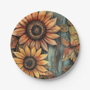 Sunflowers Fall Autumn Leaves Mixed Media Paper Plate