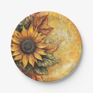 Sunflowers Fall Autumn Leaves Mixed Media Paper Plate