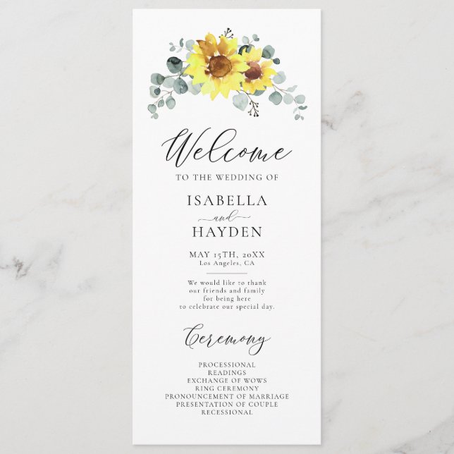 Sunflowers Fall Floral Rustic Eucalyptus Wedding Program (Front)