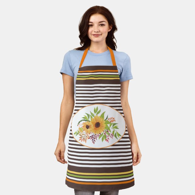 Sunflowers, fall leaves, berries and stripes apron (Worn)