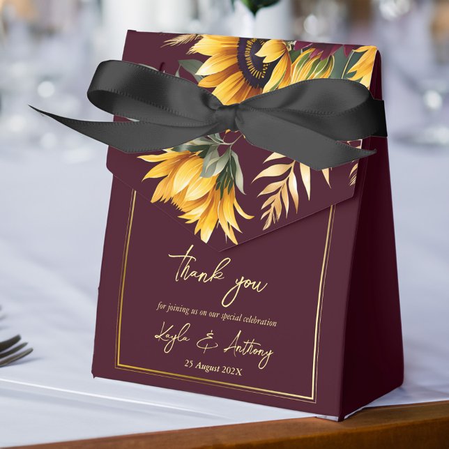 Sunflowers fall summer wedding burgundy  favor box (Sunflower wedding favors burgundy favor box fall summer wedding sunflower themed favor box)