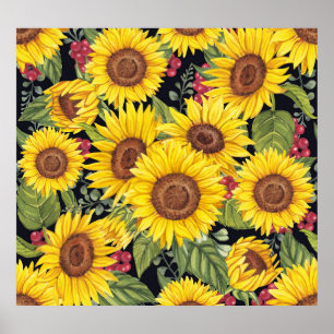 Sunflowers field: watercolor black background poster