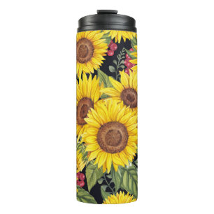 Sunflowers field: watercolor black background thermal tumbler