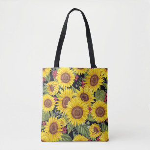Sunflowers field: watercolor black background tote bag