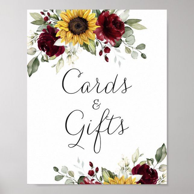 Sunflowers Floral Burgundy Wedding Cards Gift Sign (Front)