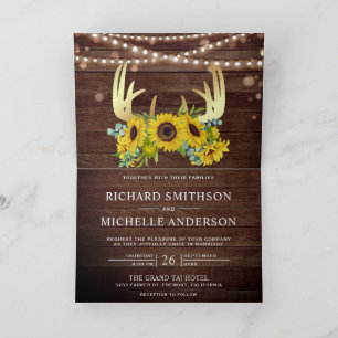 Sunflowers Floral Gold Antler Wood QR Code Wedding Invitation