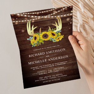Sunflowers Floral Gold Antler Wood QR Code Wedding Invitation