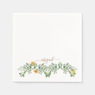  Sunflowers & Foliage Custom Gold Text Shower Napkin