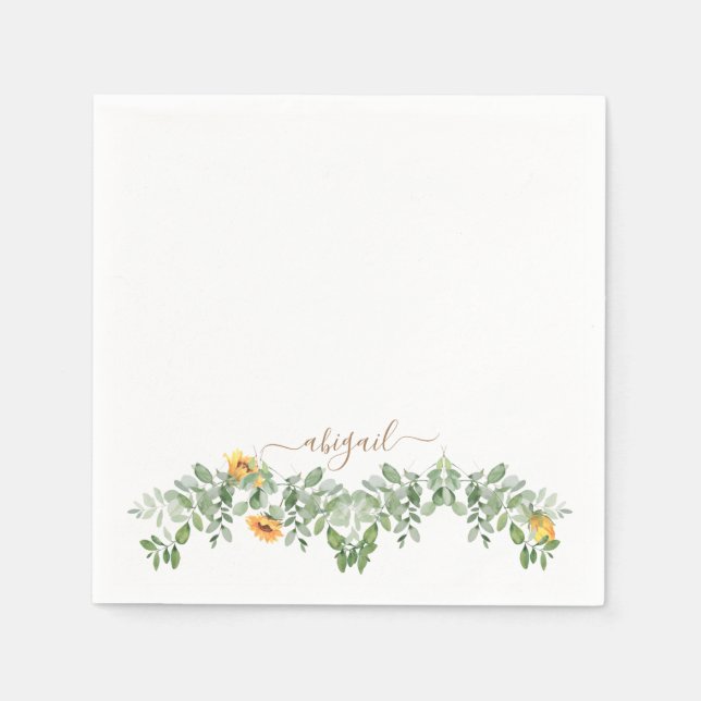  Sunflowers & Foliage Custom Gold Text Shower Napkin (Front)