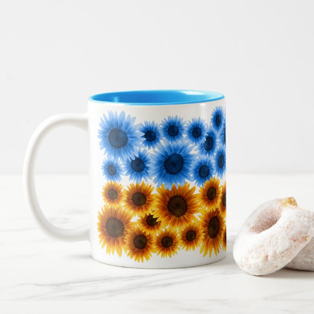 Sunflowers for Ukraine Two-Tone Coffee Mug (With Donut)