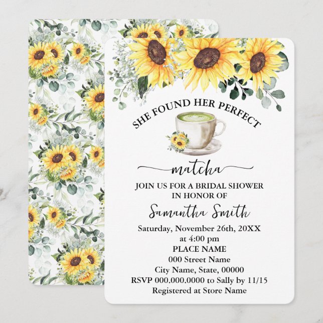 Sunflowers Found Her Perfect Matcha Bridal Shower  Invitation (Front/Back)