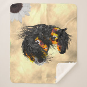 Sunflowers & Friesian Horse Sherpa Blanket