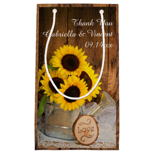 Sunflowers Garden Watering Can Thank You Wedding Small Gift Bag (Front)