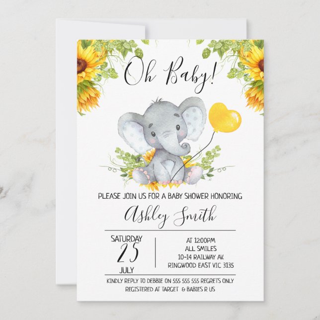 Sunflowers Gender Neutral Elephant Baby Shower Invitation (Front)