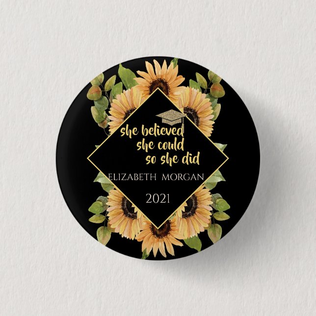 Sunflowers Glitter Graduate Cap Beverage Coaster K 1 Inch Round Button (Front)