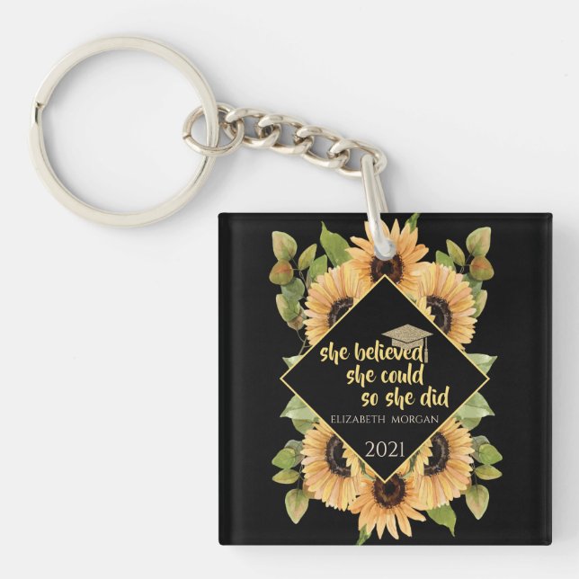 Sunflowers Glitter Graduate Cap Beverage Coaster K Keychain (Front)