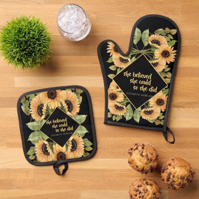 Sunflowers Glitter Graduate Cap Oven Mitt & Pot Holder Set (Top Down)