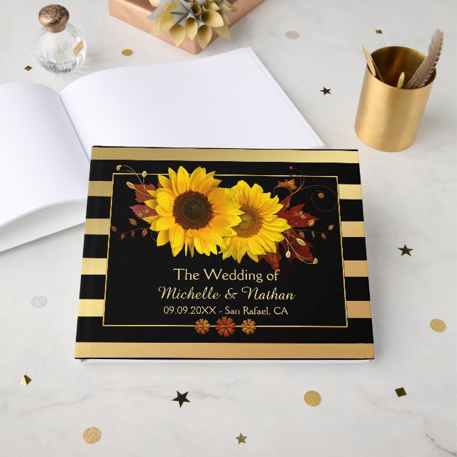 Sunflowers Gold Stried Mariage Livre d'invité (Recto ouvert)