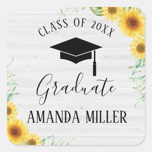 Sunflowers Graduation white wood Square Sticker (Front)