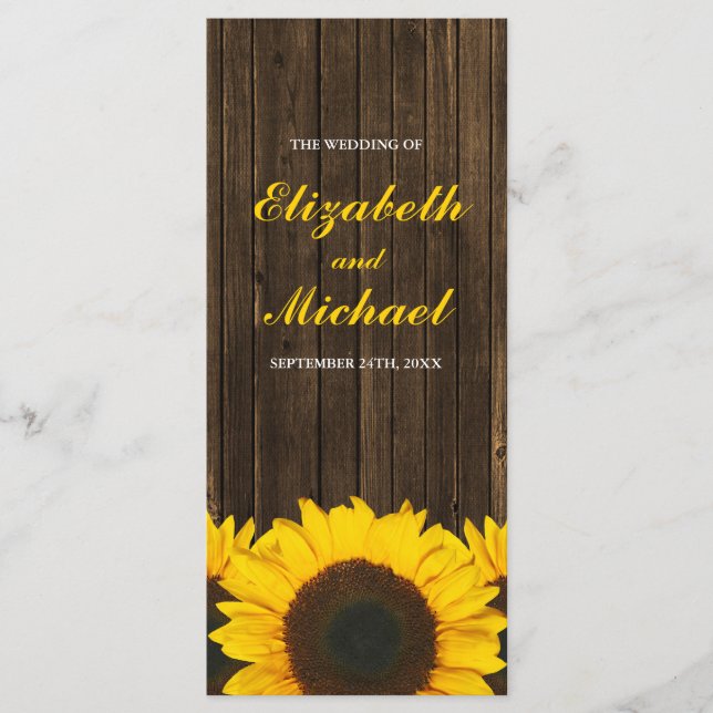 Sunflowers Grange Programme de mariage en bois (Devant)