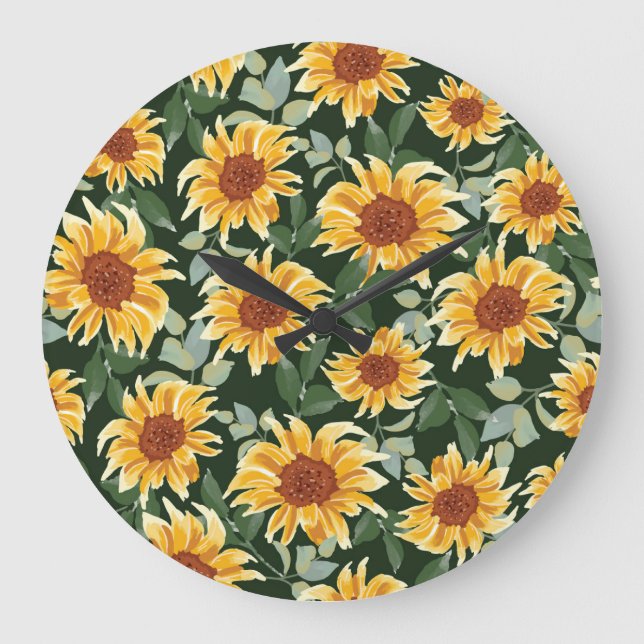 Sunflowers Green decor: Seasonal Pattern Large Clock (Front)