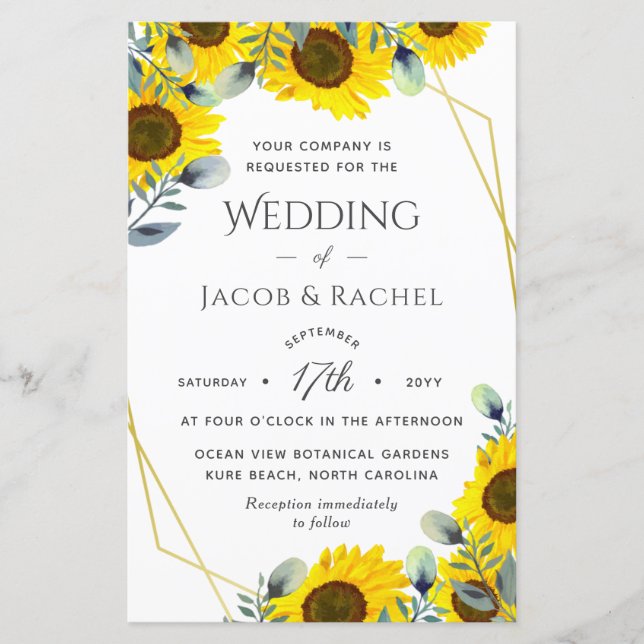 Sunflowers Green Gold Geometric Wedding Invitation (Front)